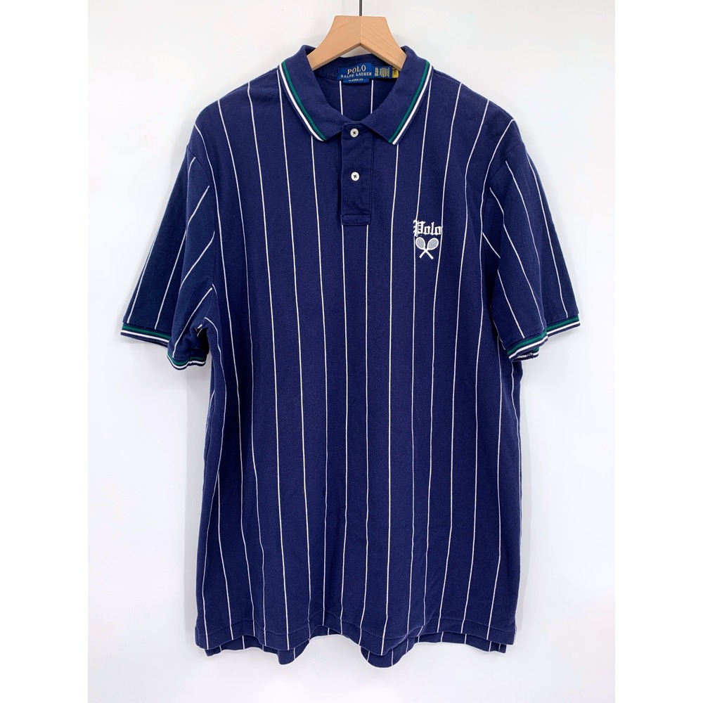Polo Ralph Lauren Polo Shirt Mens XL Navy Blue Striped Tennis Pique Classic Fit